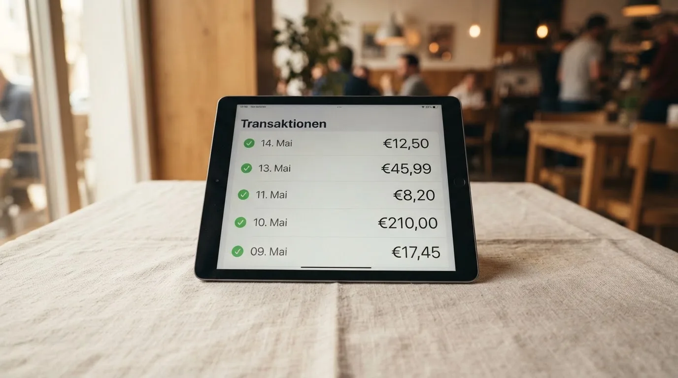 Nahaufnahme eines Transaktionsverlaufs auf einem Tablet-Bildschirm mit mehreren Zeilen.